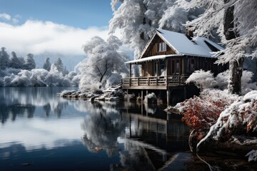 A secluded house sits upon a frozen lake, surrounded by snow-covered trees and majestic mountains, as the reflection of the winter sky and clouds dance on the still water
