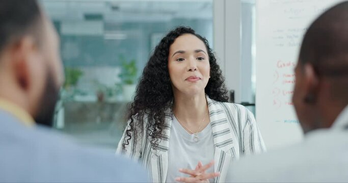 Face, recruitment or businesswoman in job interview or meeting for vacancy or hiring opportunity. Human resources, talking or hr manager listening to female candidate in a startup agency or company