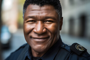 Happy and smiling African American police officer. Neural network AI generated art