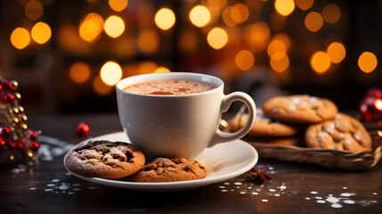 Obraz premium A Cup of Steaming Coffee and Cookies Amidst the Twinkling Lights of the Christmas Market
