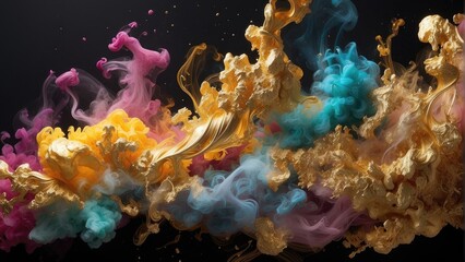 Colorful abstract paint splashes on black background. 3d render