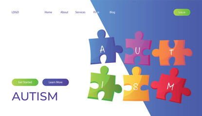 Landing page world autism awareness day with jigsaw puzzle pieces with text. International solidarity, asperger’s day. Health care, mental illness. Social media post for poster, banner, cover, card