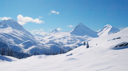 Fototapeta na wymiar Panoramic photograph of a beautiful landscape of mountains, snowy on a sunny day