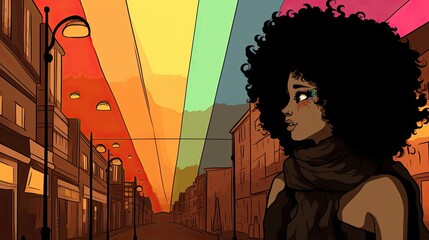 Illustration of a black girl with afro hair in the middle of a street covered by a LGBTIQ+ flag