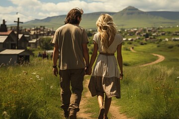 Two lovers stroll hand in hand through a lush field, their feet clad in sturdy hiking boots as they bask in the warm summer sun under a cloud-speckled sky, surrounded by vibrant plants and the majest