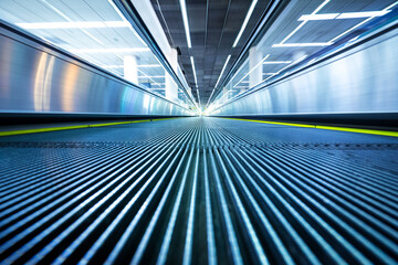 Motion blur of moving escalator in airport perspective view - 687227757