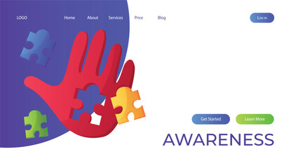 Landing page world autism awareness day with hand colorful puzzle pieces. International solidarity, asperger’s day. Health care, mental illness. Social media post for poster, banner, cover, card