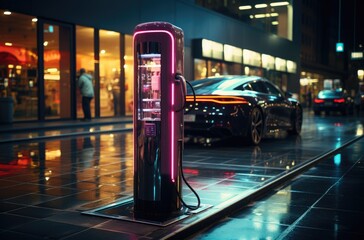 In the dark city streets, a sleek black car sits idle in front of a bustling gas station, its...