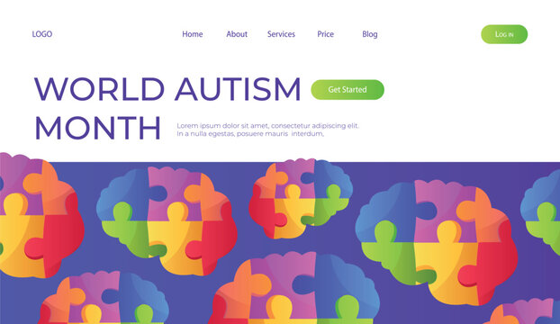 Landing page world autism awareness day with jigsaw brain puzzle pieces. International solidarity, asperger’s day. Health care, mental illness. Social media post for poster, banner, cover, card
