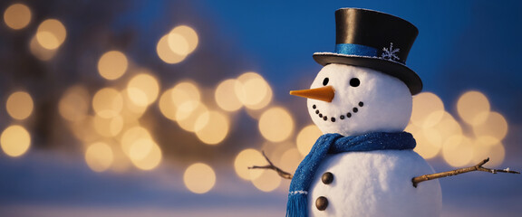Snowman wearing blue hat and scarf closeup winter holiday Merry Christmas background empty banner With greeting card copy space and bokeh golden yellow background