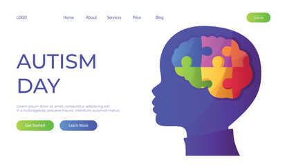 Landing page world autism awareness day with child head with puzzle pieces. International solidarity, asperger’s day. Health care, mental illness. Social media post for poster, banner, cover, card