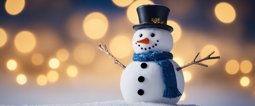 Snowman wearing blue hat and scarf closeup winter holiday Merry Christmas background empty banner With greeting card copy space and bokeh golden yellow background