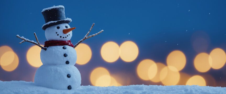 Snowman wearing blue hat and scarf closeup winter holiday Merry Christmas background empty banner With greeting card copy space and bokeh golden yellow background