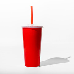 Blank red paper cup, takeaway mug to go for cold drink with straw