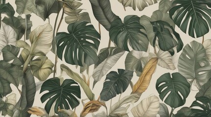 Botanical illustration. Tropical seamless pattern. Rainforest, jungle. Palm leaves, monstera, colocasia, banana. Hand drawing for design of fabric, paper, wallpaper, notebook covers generative AI. - obrazy, fototapety, plakaty