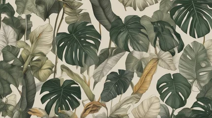 Fotobehang Botanical illustration. Tropical seamless pattern. Rainforest, jungle. Palm leaves, monstera, colocasia, banana. Hand drawing for design of fabric, paper, wallpaper, notebook covers generative AI. © Oleks Stock