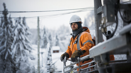 Fototapeta na wymiar Engineer with safety uniform inspect the electrical system at electricity substation during winter