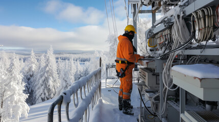 Engineer with safety uniform inspect the electrical system at electricity substation during winter