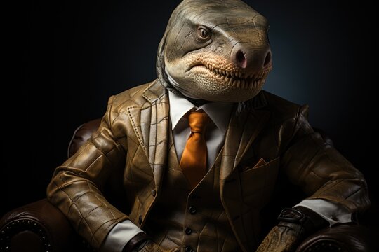 A mysterious fictional character dons a suit and mask, hiding their true identity as a lizard in human clothing - Powered by Adobe