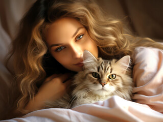 A girl with a cat on the bed.