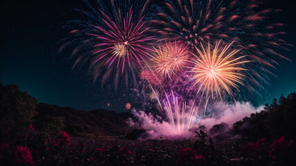 Fototapeta na wymiar Explosive Fireworks Illuminate the Night Sky with Vibrant