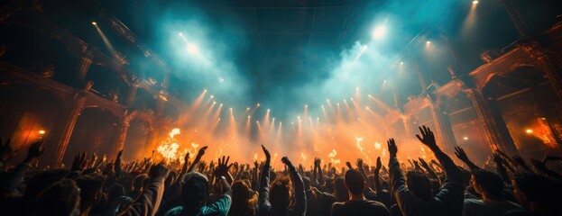 Amidst the flashing flare and pulsing beats, a sea of excited concert-goers swarms towards the stage, eager to lose themselves in the euphoria of live music - obrazy, fototapety, plakaty