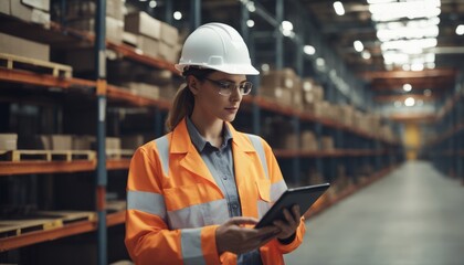 Professional Heavy Industry Engineer_Worker Wearing Safety Uniform and Hard Hat Uses Tablet Computer
