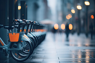 Bicycles parked along a city street create a cityscape on a cloudy rainy day.