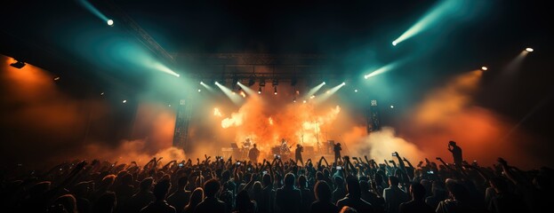 A dynamic concert event filled with electrifying music, dazzling flare, and a raving crowd, all on a vibrant stage at a bustling music venue - obrazy, fototapety, plakaty