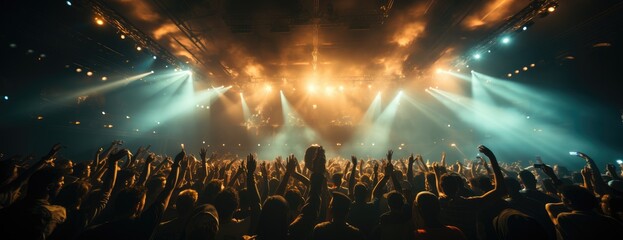 A pulsating sea of ecstatic concert-goers engulfed the vibrant stage, as the electrifying music and dazzling lights ignited a frenzy of entertainment at the music venue - obrazy, fototapety, plakaty