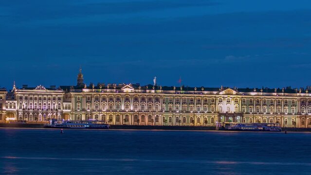 Timelapse showcasing the Palace waterfront, Winter Palace, and the backdrop of Church of the Savior on Spilled Blood. Viewed from Mytninskaya waterfront, captivating perspective of St. Petersburg