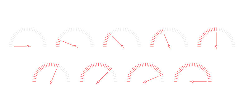 outline red-gray speedometers. nine option speedometer sets. half speed indicators