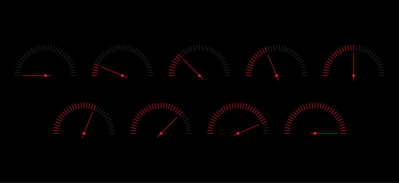 outline red-gray speedometers. nine option speedometer sets. speedometers on black background
