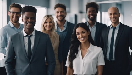 Smiling team of diverse businesspeople standing together in an office