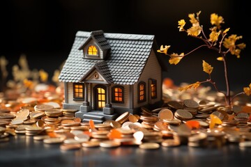 A miniature lego house sits atop a stack of coins, symbolizing the endless possibilities of building one's dreams - obrazy, fototapety, plakaty