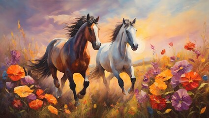 Obraz na płótnie Canvas Oil painting of A pair of horses in love run towards the sun across a colorful field of flowers.