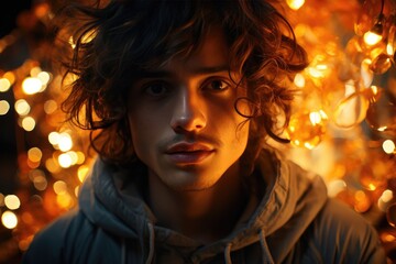 A festive man with a curly-haired human face donning a hoodie stands in front of an outdoor christmas tree, bathed in warm light