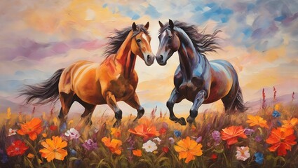  Oil painting of A pair of horses in love run towards the sun across a colorful field of flowers.