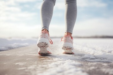 close up shot of a pair of woman  legs wearing sport trainers running in the snow in winter