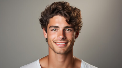 Obraz premium handsome young man on a white background, portrait of a stylish guy, beauty shooting, studio, model, health, cosmetology, spa, skin care, hairstyle, boy, emotional face, smile, isolate, place for text