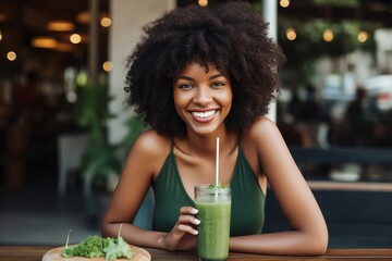 young afro woman wearing a t-shirt drinking a smoothie in a bar
