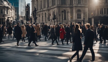 Walking people blur. Lots of people walking in the City of London. Wide panoramic view of people crowded