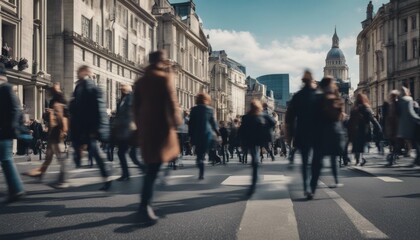 Fototapeta premium Walking people blur. Lots of people walking in the City of London. Wide panoramic view of people crowded