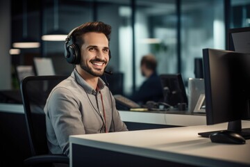 AI generated illustration of a man employee wearing a headset while working in a dynamic call center - obrazy, fototapety, plakaty