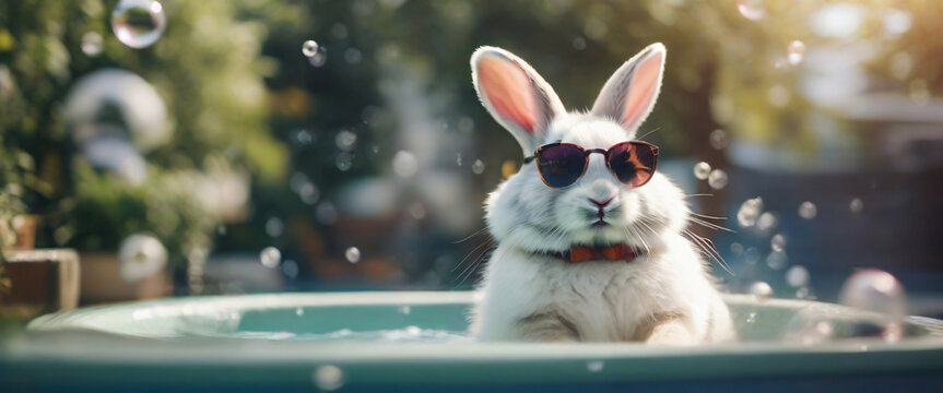 A cute white rabbit wearing sunglasses and sitting in a hot tub with bubbles, relaxed, playful, humorous, 