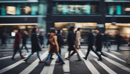 Walking people blur. Lots of people walking in the City of London. Wide panoramic view of people crowded