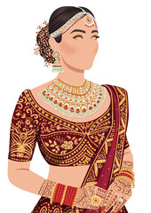 Hand-drawn digital Illustration of a woman in traditional red wedding clothing