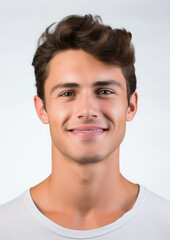 Fototapeta premium handsome young man on a white background, portrait of a stylish guy, beauty shooting, studio, model, health, cosmetology, spa, skin care, hairstyle, boy, emotional face, smile, isolate, place for text