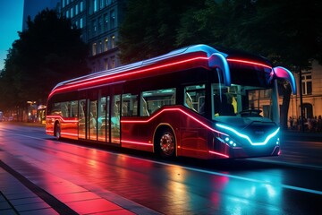 an electric bus with lights driving in the city streets - obrazy, fototapety, plakaty
