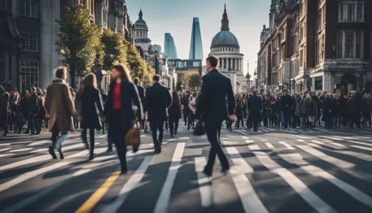 Fotobehang Walking people blur. Lots of people walking in the City of London. Wide panoramic view of people crowded © Adi
